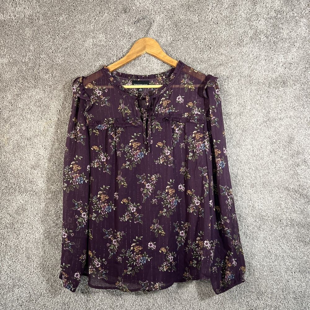 Fortune+Ivy Shirt Womens Large Purple Metallic Long Sleeve Tie Neck Lined Top